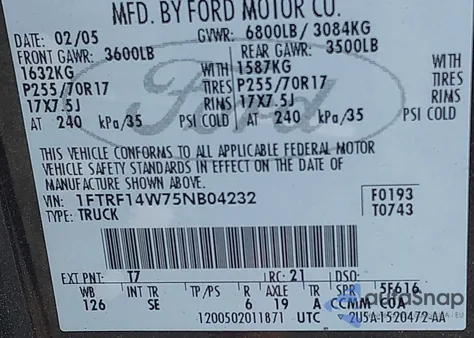 2005 Ford F-150 Stx/Xl/Xlt из США, поврежденный, VIN 1FTRF14W75NB04232